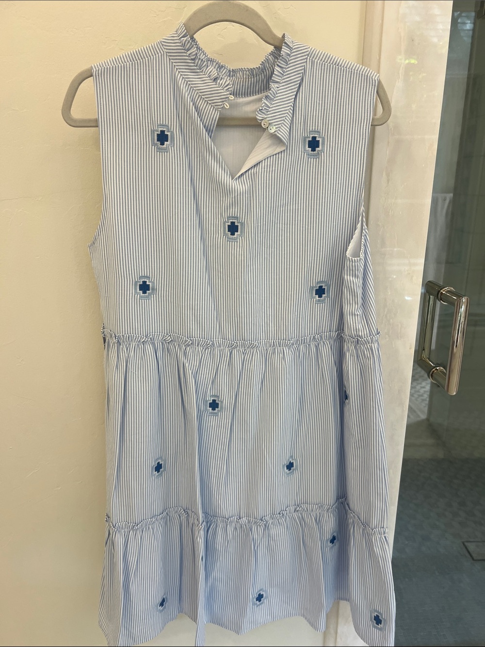 J.Marie Women’s Light Blue & White Striped Tiered Dress with Blue Embroidery - Picture 5 of 6